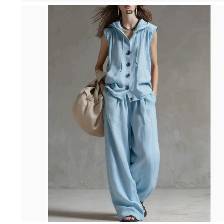 Sleeveless Loose Casual Hooded Top High-Waist Wide-Leg Pants Set 