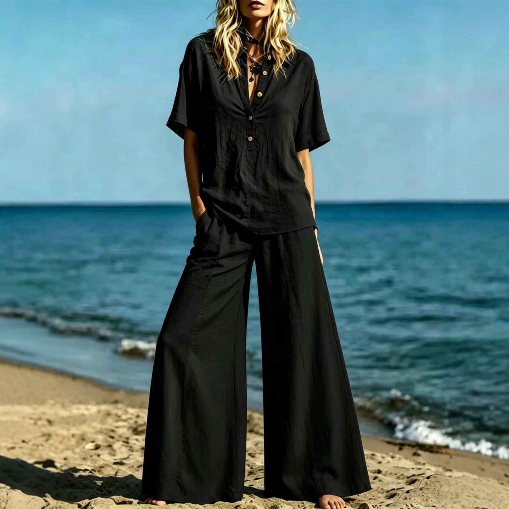 Button-down Shirt And Wide-leg Pants Two-piece Set For Women 