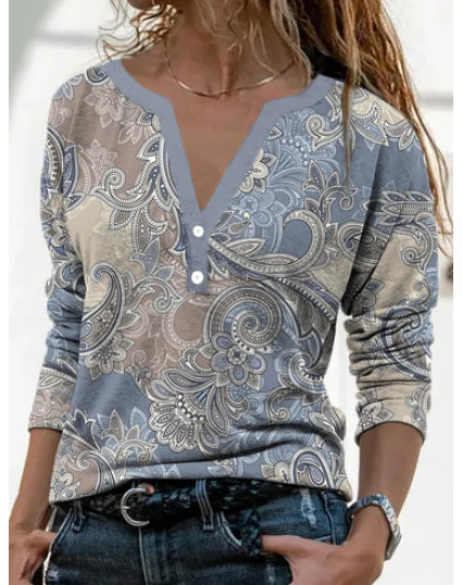 Women's Casual Ethnic Style V-neck Long-sleeved T-shirt 