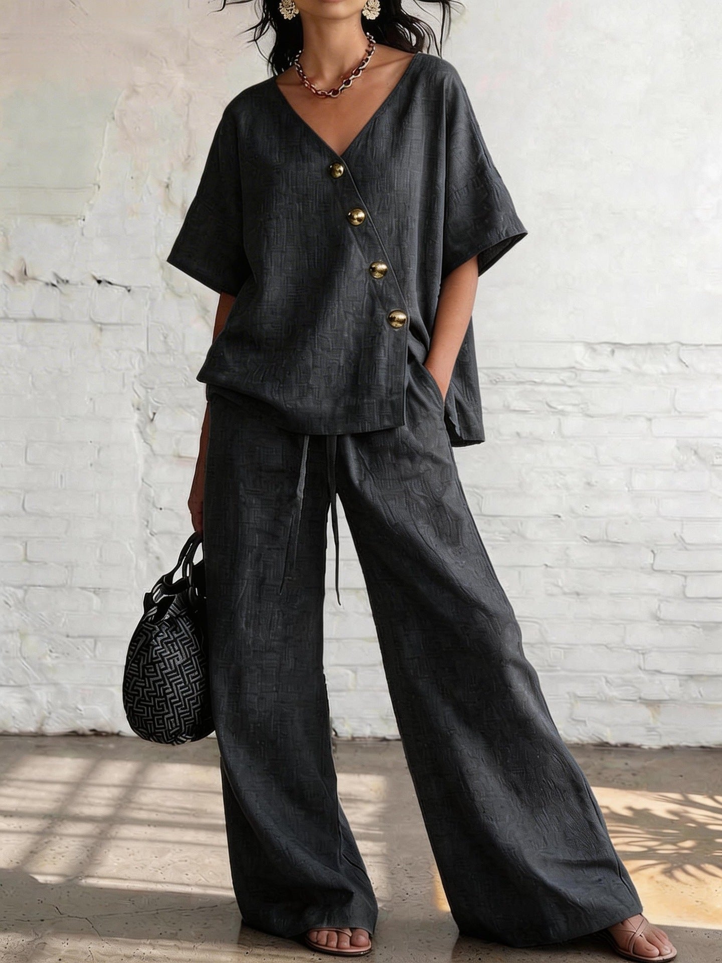 Casual Vacation Loose Cotton-Linen V-Neck Wide-Leg Pants Two-Piece Set 