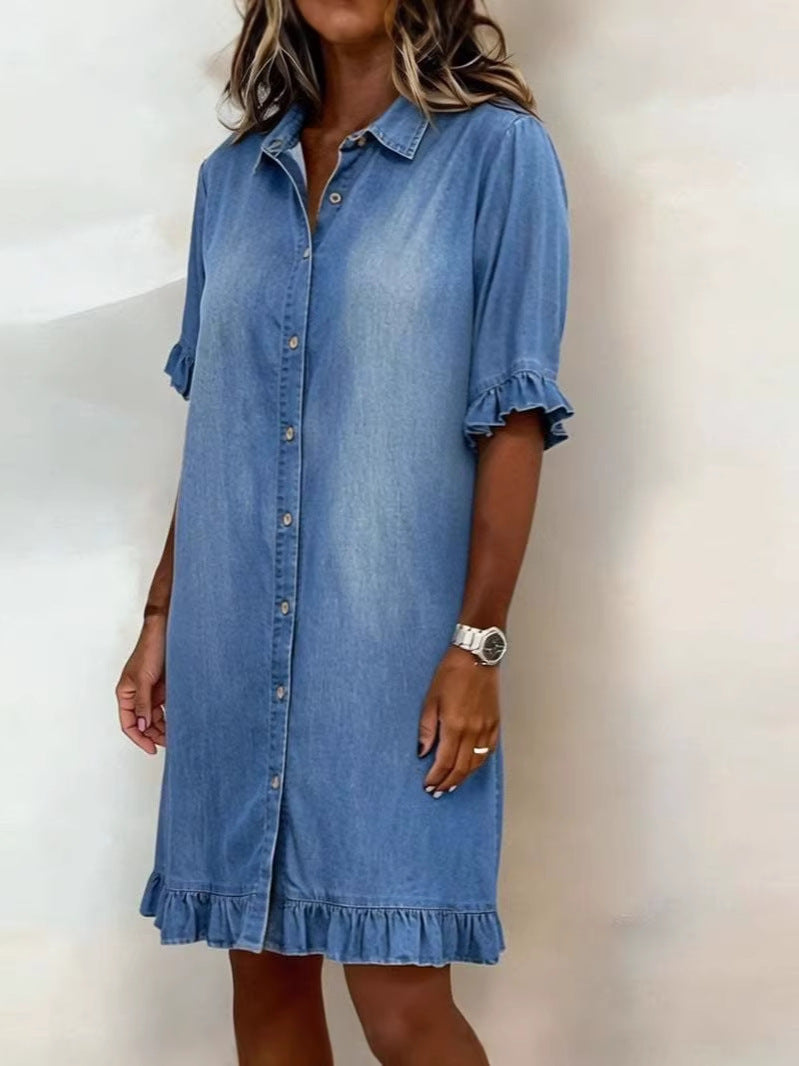 Solid-color Faux Denim Ruffled-edge Shirt Dress 