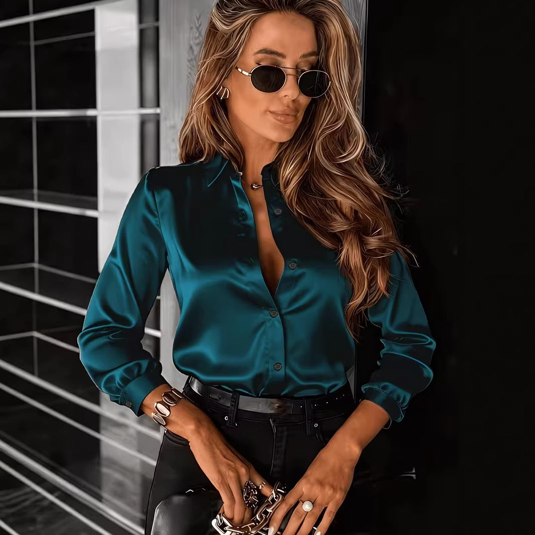 Commuter Drapey Satin Long-Sleeve Lapel Shirt For Women 