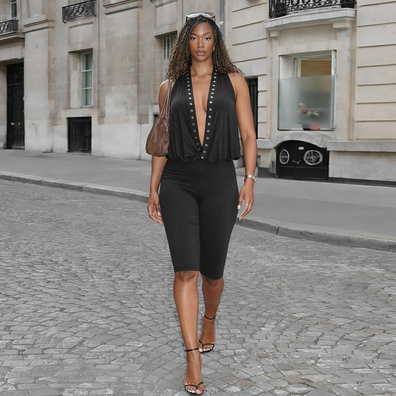 Womens Halter Deep V-Neck Rivet Eyelet Backless Cropped Jumpsuit 