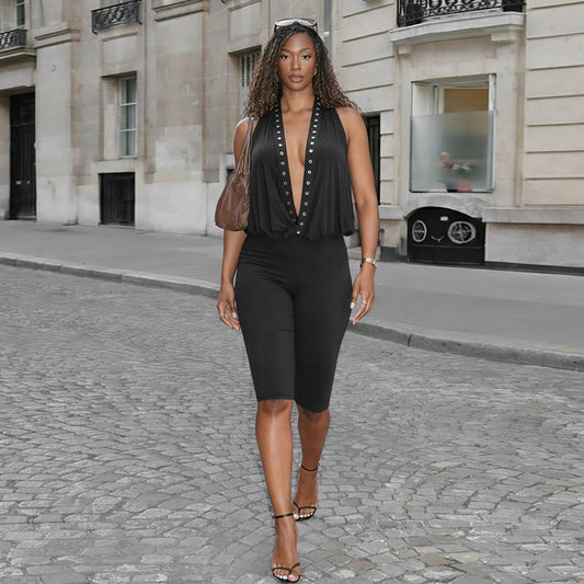 Womens Halter Deep V-Neck Rivet Eyelet Backless Cropped Jumpsuit 