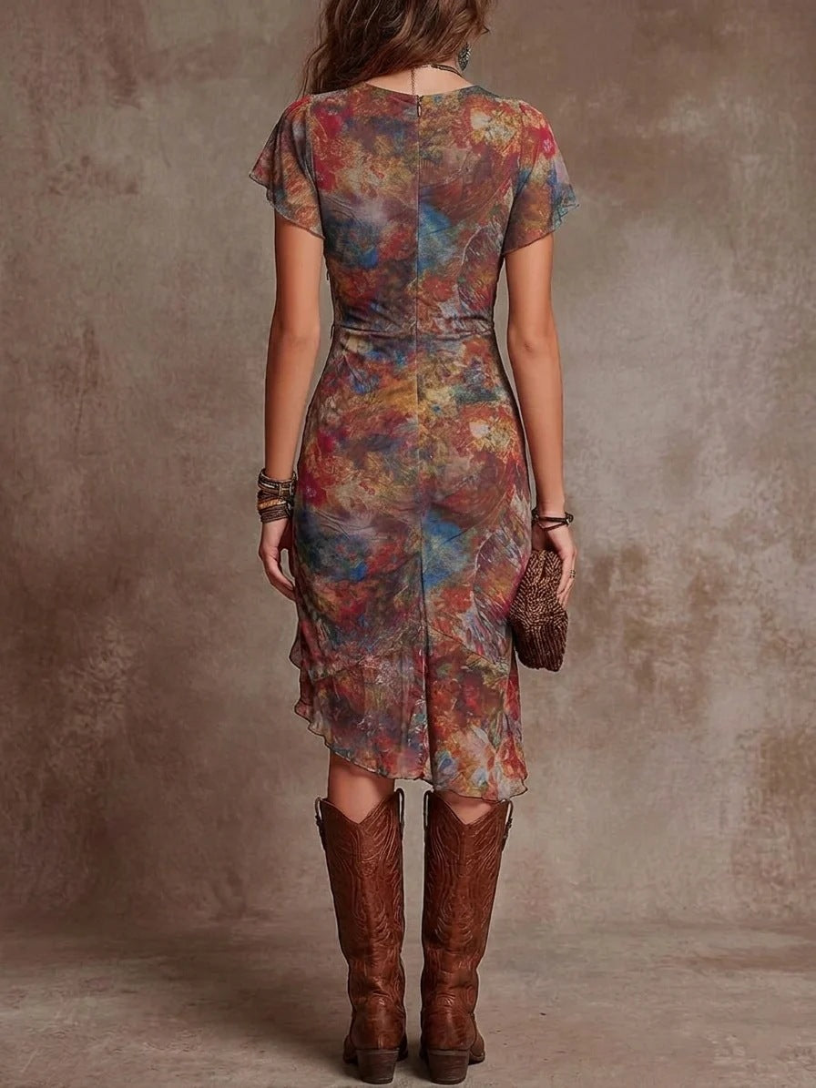 Womens Slim-fit Printed V-neck Defined-waist Dress 