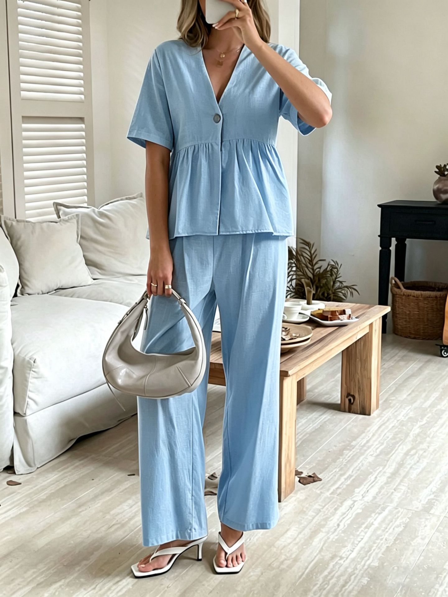 V-neck Loose-fit Short-sleeve Top And Wide-leg Pants Two-piece Set 