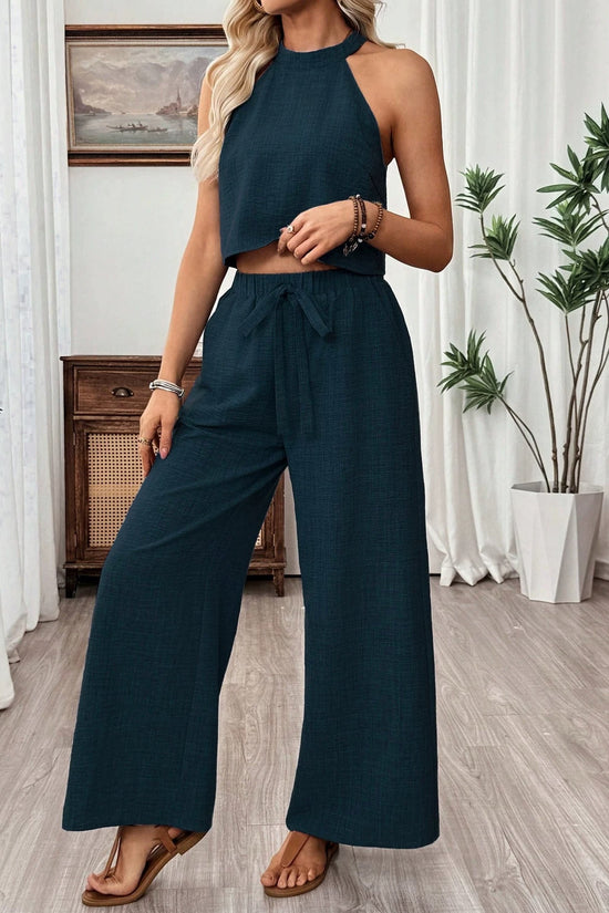 Neck-hanging Sleeveless Cropped Top And Wide-leg Pants Set 