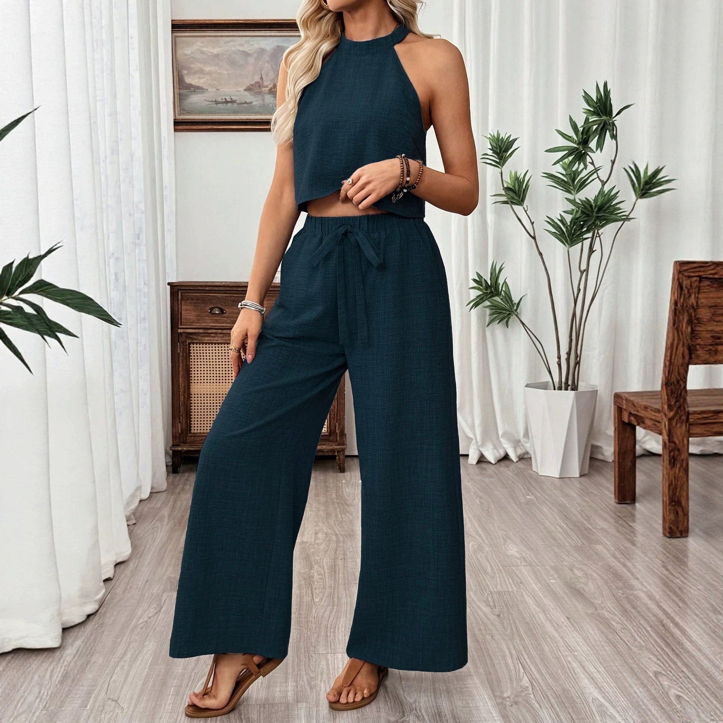 Neck-hanging Sleeveless Cropped Top And Wide-leg Pants Set 