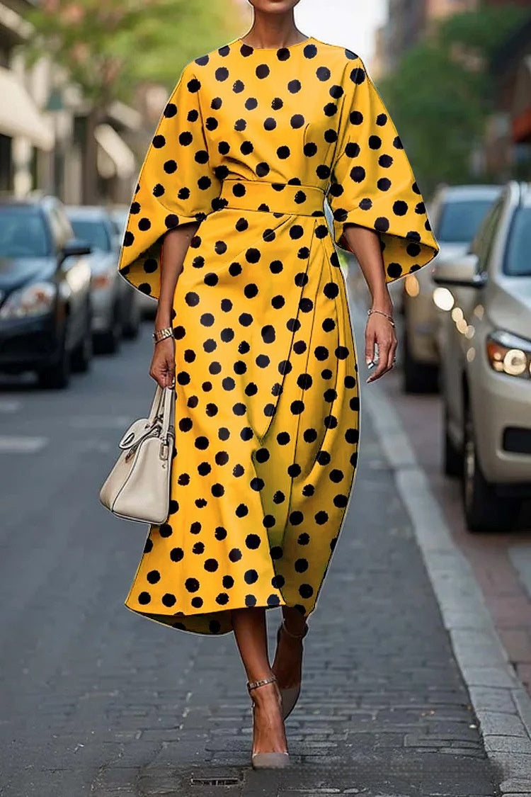 Women's Elegant Geometric Print Batwing Sleeve Round Neck Maxi Dress 