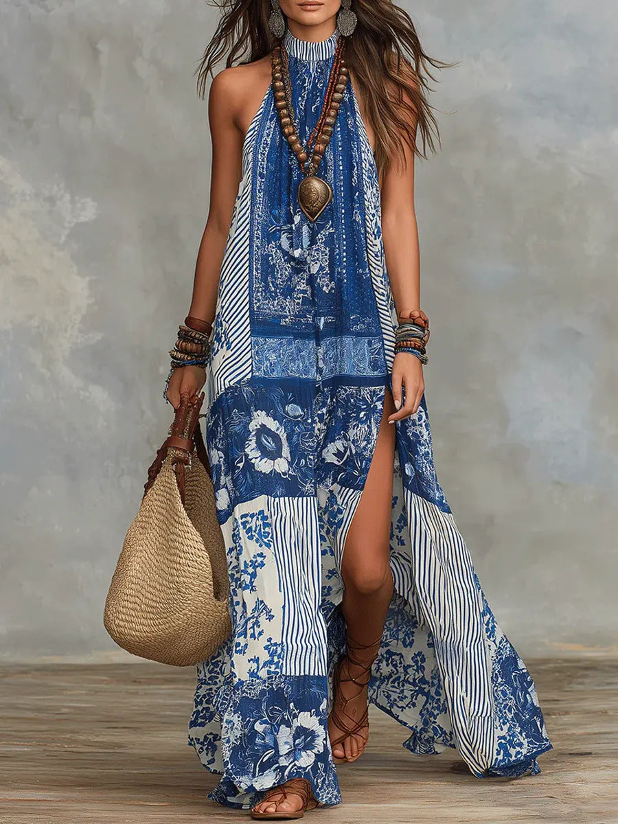 Loose-fit Printed Halterneck Split Dress 