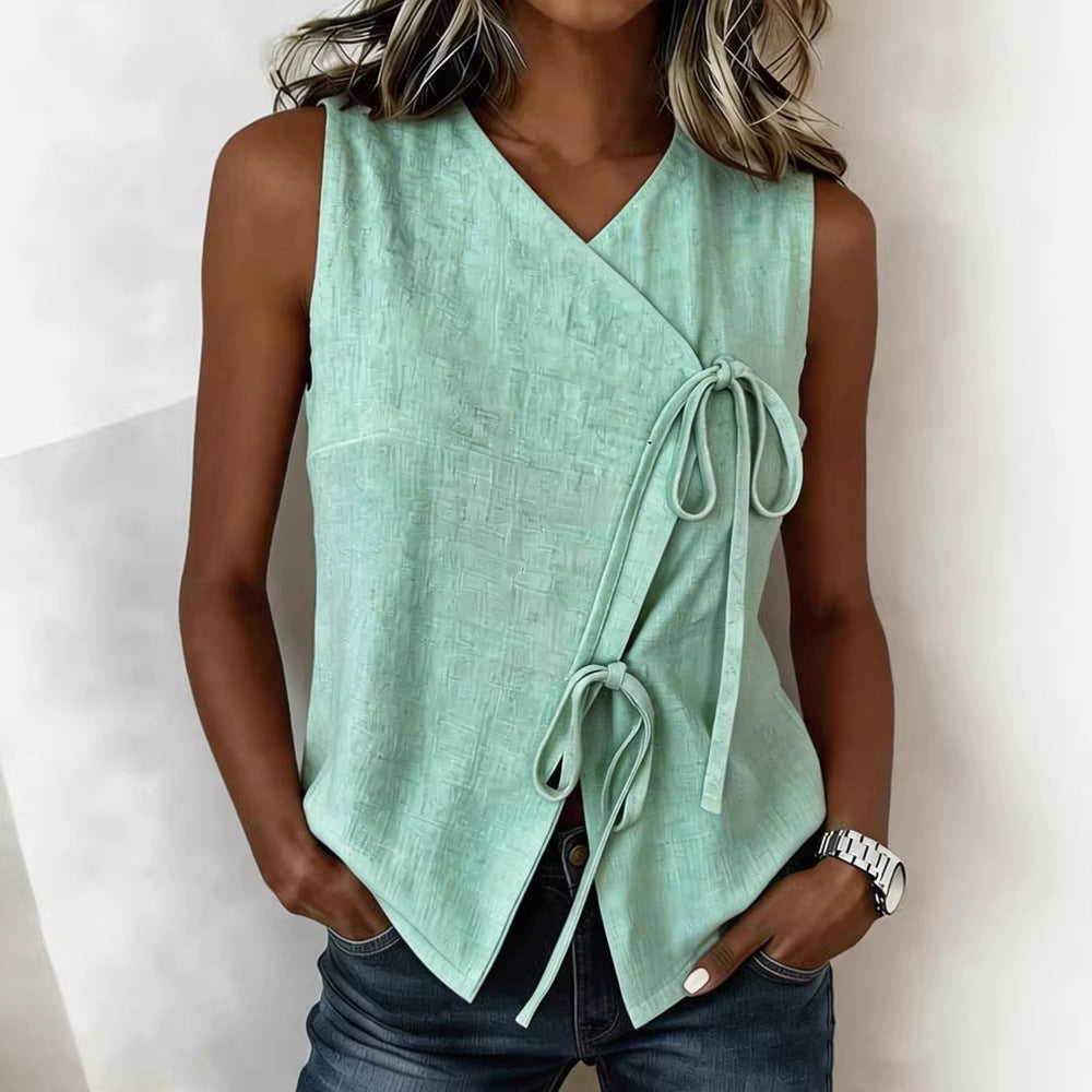 Womens Bow-Tied V-Neck Top Sleeveless Tank Top 