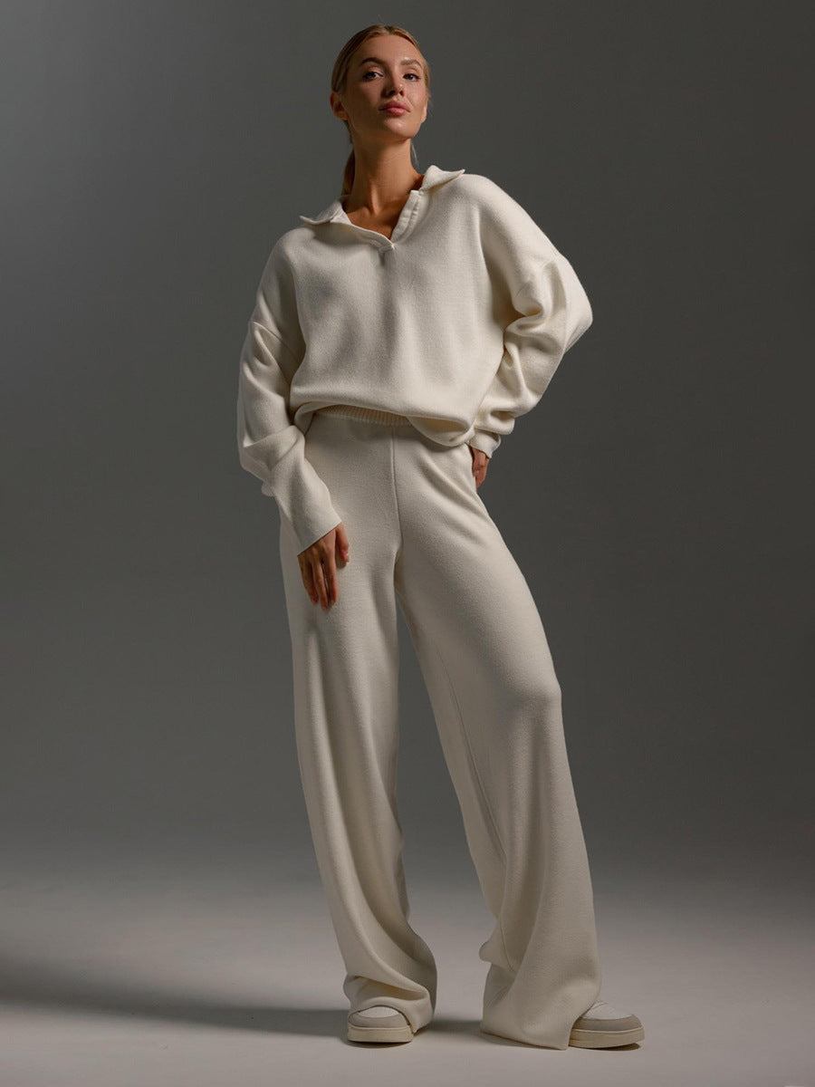 Fall Winter Two Piece Set Women's Simple Loose Solid Color Collar Sweater Set Fashion Casual Sport Wear Set 