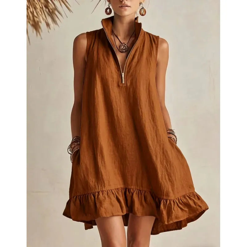 Women's Casual Loose Half-Zip Sleeveless Dress with Ruffle Hem 