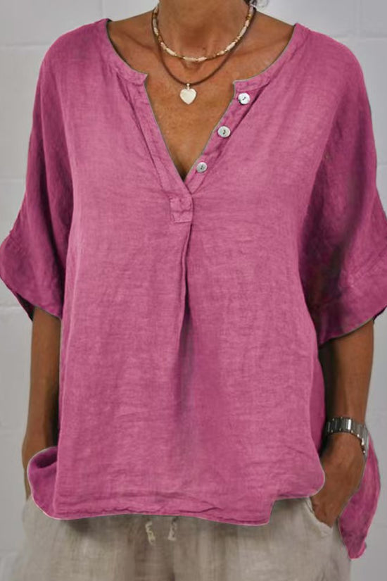 Cotton-linen Solid-color Door-cuff V-neck Button-up Shirt 