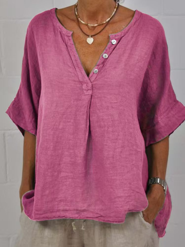 Cotton-linen Solid-color Door-cuff V-neck Button-up Shirt 