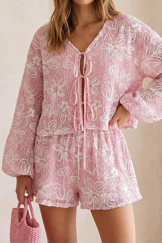 V-neck long sleeved lace up top and shorts two-piece set 