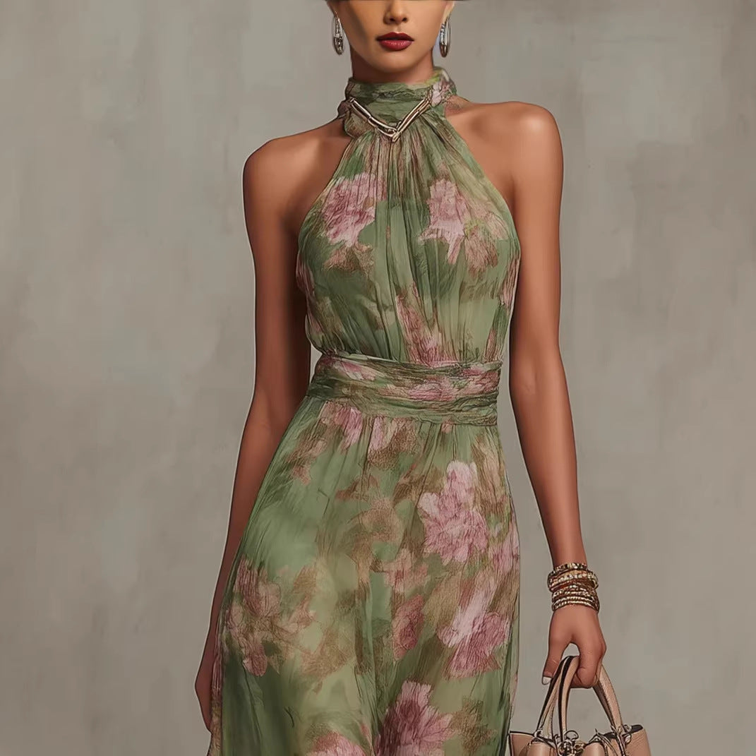 Wrinkled hip bag mesh printed irregular slit letter suspender dress 
