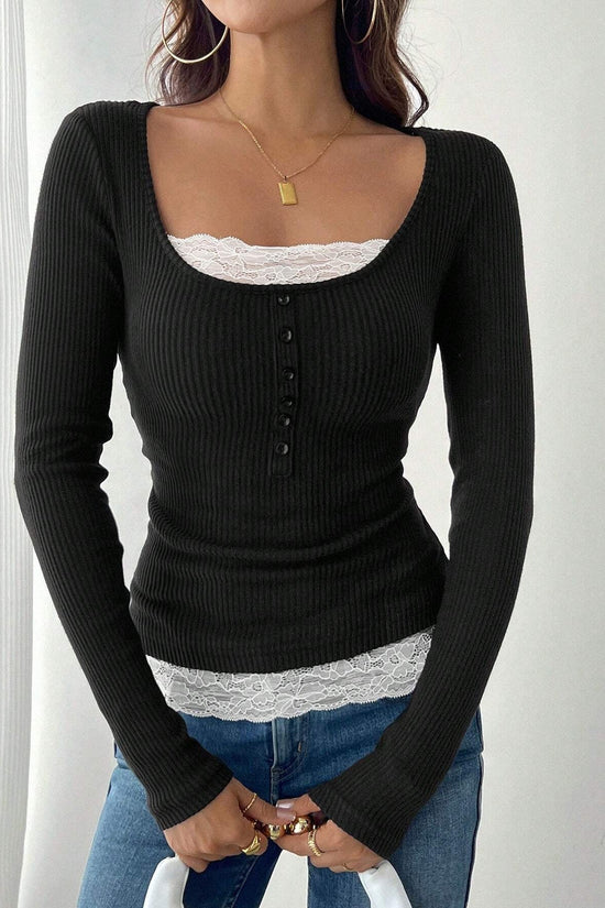 Fashion Simple Round Neck Lace Panel Single Button Slim Fit Long Sleeve Top 