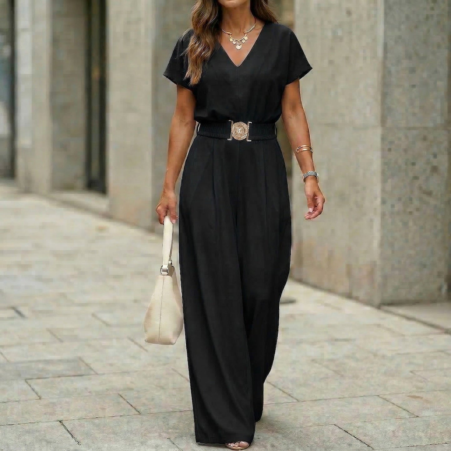 Womens V-neck Solid-color Short-sleeve Long-pants Belted Jumpsuit 