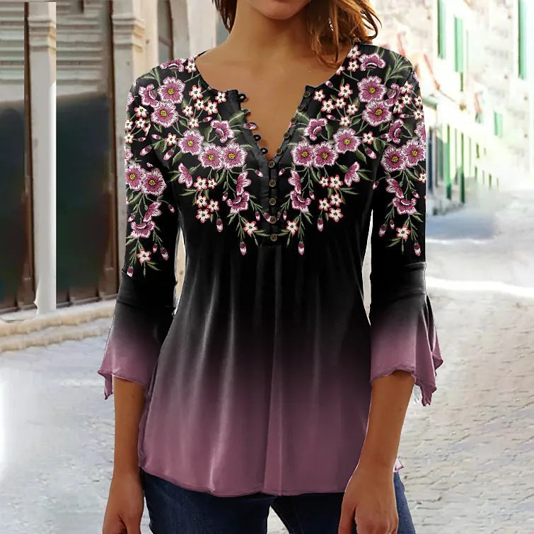 Women’s V-Neck 3/4 Sleeve Button-Front Tunic Blouse 
