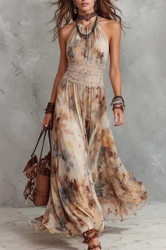 French Vintage Painted Floral Backless Strapless Summer Beach Vacation Long Dress 