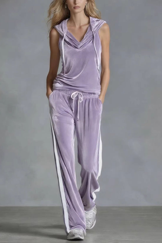 Fashionable Long Pants Sleeveless Hooded Velvet Two-Piece Set for Casual and Sporty Wear 