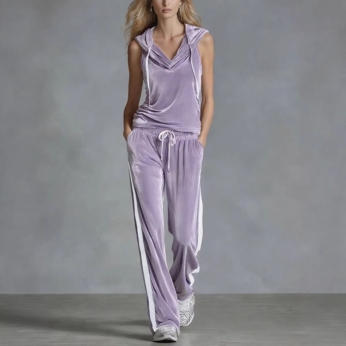 Fashionable Long Pants Sleeveless Hooded Velvet Two-Piece Set for Casual and Sporty Wear 