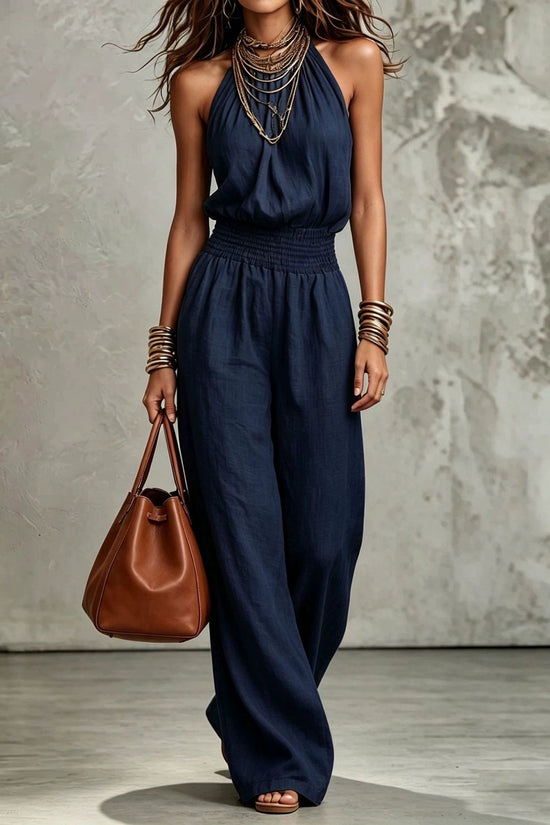 Womens Sleeveless Backless Cinched Waist Lace-up Halter Wide-leg Jumpsuit 