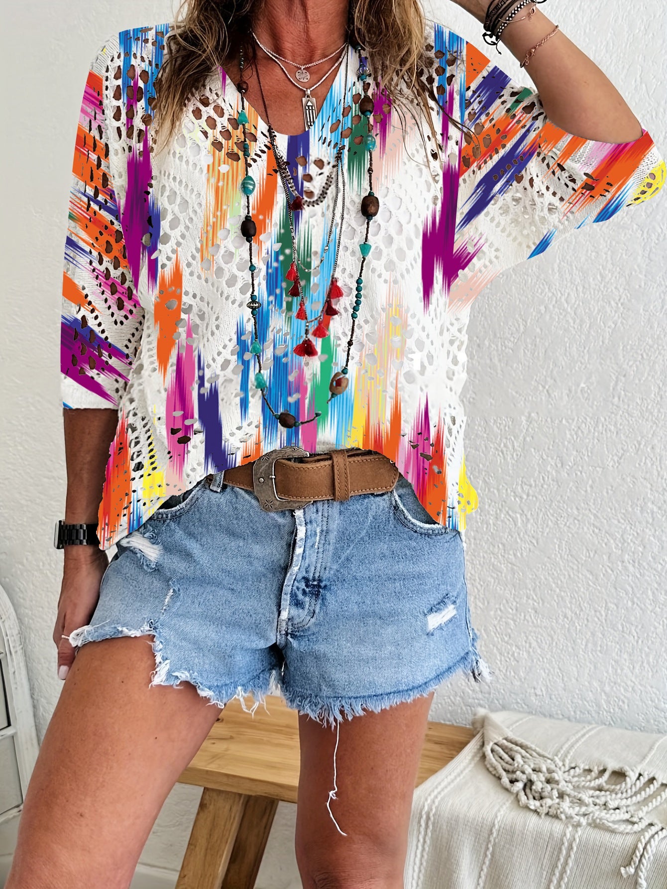 Womens Hollowed-Out Batwing-Sleeve Sweater With 3D Knitted Print 