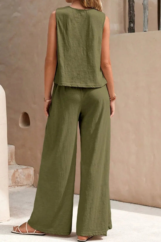 Round Neck Sleeveless Top and Wide Leg Pants Set 