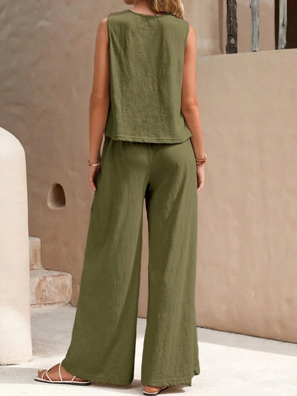 Round Neck Sleeveless Top and Wide Leg Pants Set 