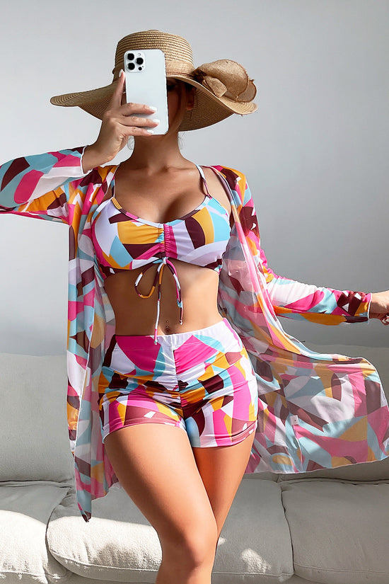 Fashionable Sexy Mesh Cover-Up with Leg-Length Briefs Three-Piece Swimwear Set for Women 