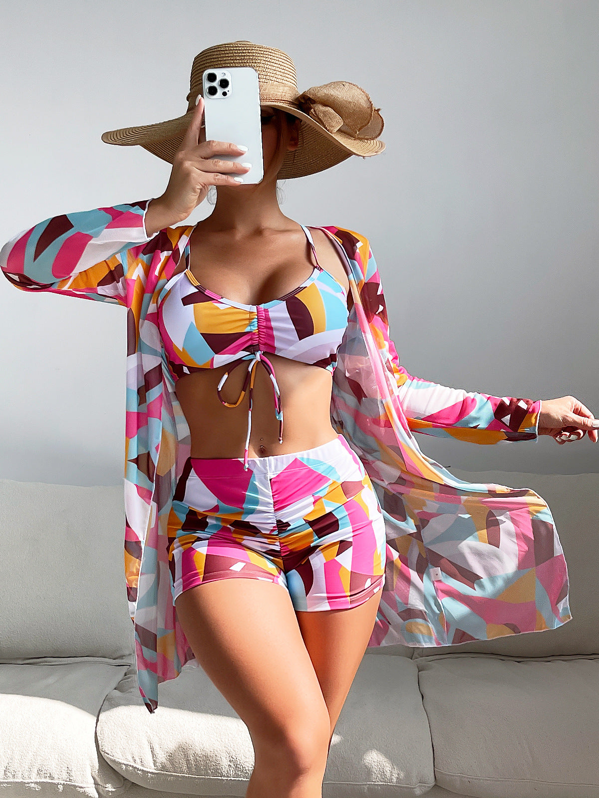 Fashionable Sexy Mesh Cover-Up with Leg-Length Briefs Three-Piece Swimwear Set for Women 