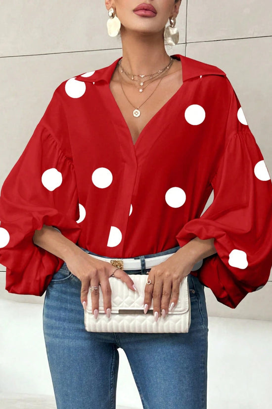 Polka Dot Half-Open Neck Loose Bubble Sleeve Long Sleeve Top 