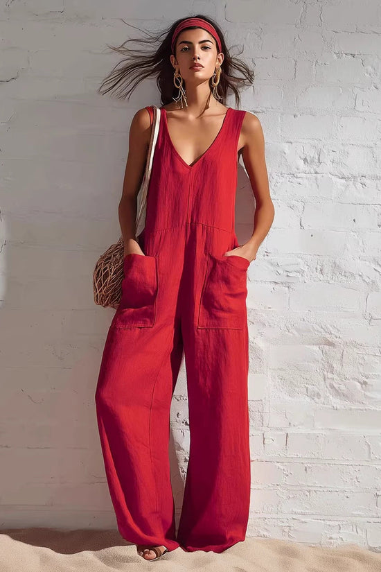 Womens Sleeveless V-Neck Pocketed Casual Jumpsuit 