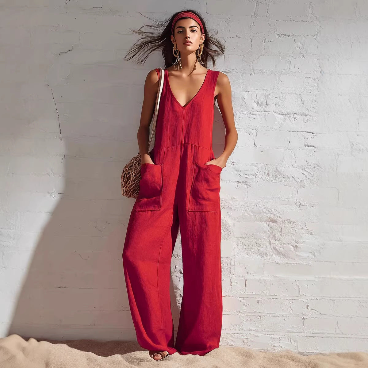 Womens Sleeveless V-Neck Pocketed Casual Jumpsuit 