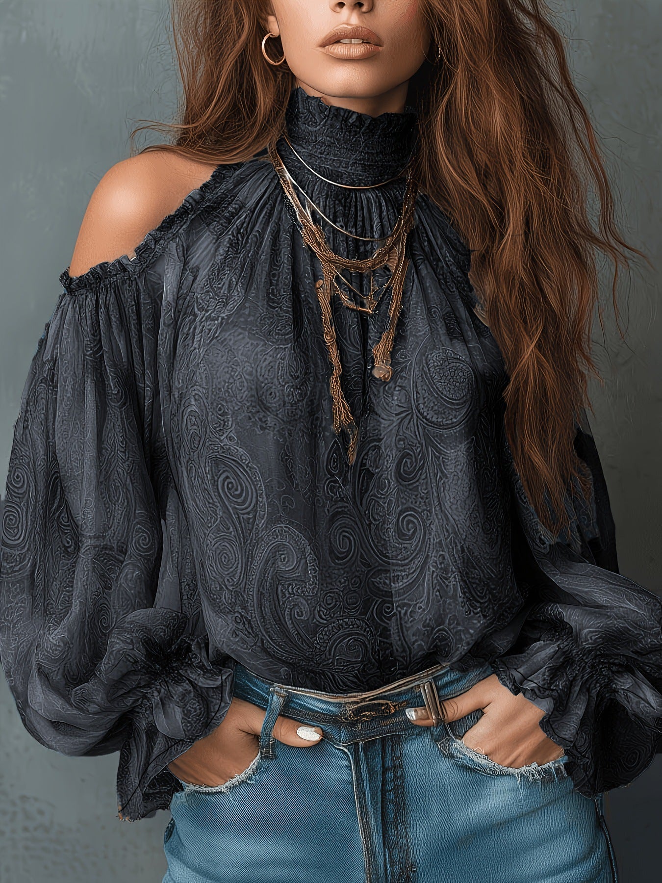 Retro Cashew-print High-neck Off-shoulder Chiffon Blouse 