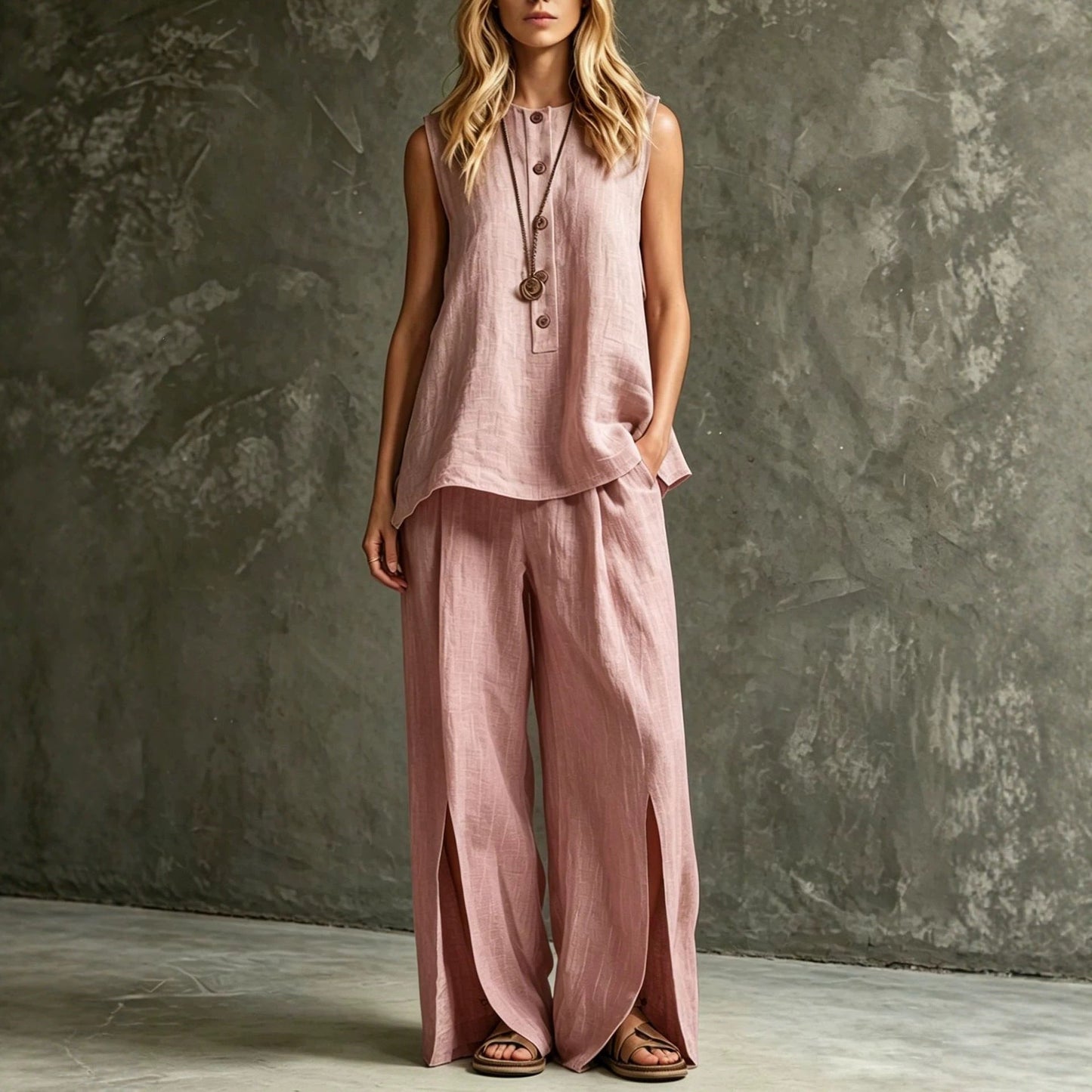 Womens Loose Sleeveless Tank Top And Slit Wide-Leg Pants Set 