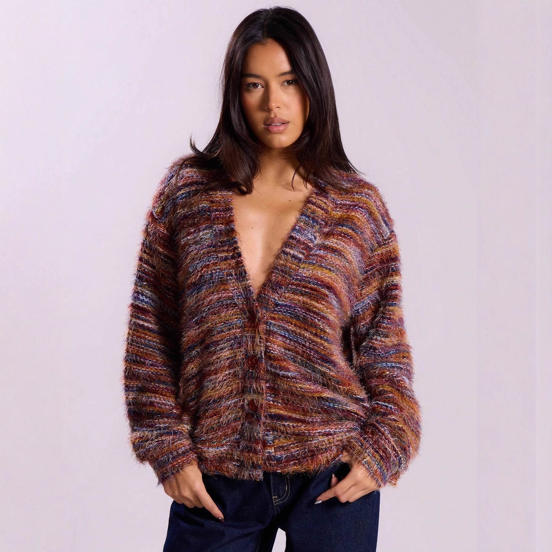 Fashionable Vintage Deep V-Neck Melange Fleece Long Sleeve Cardigan 
