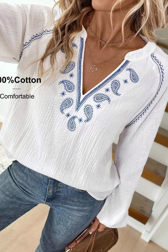 Ethnic Style Fashion Design V-Neck Embroidered Pure Cotton Top for Women 