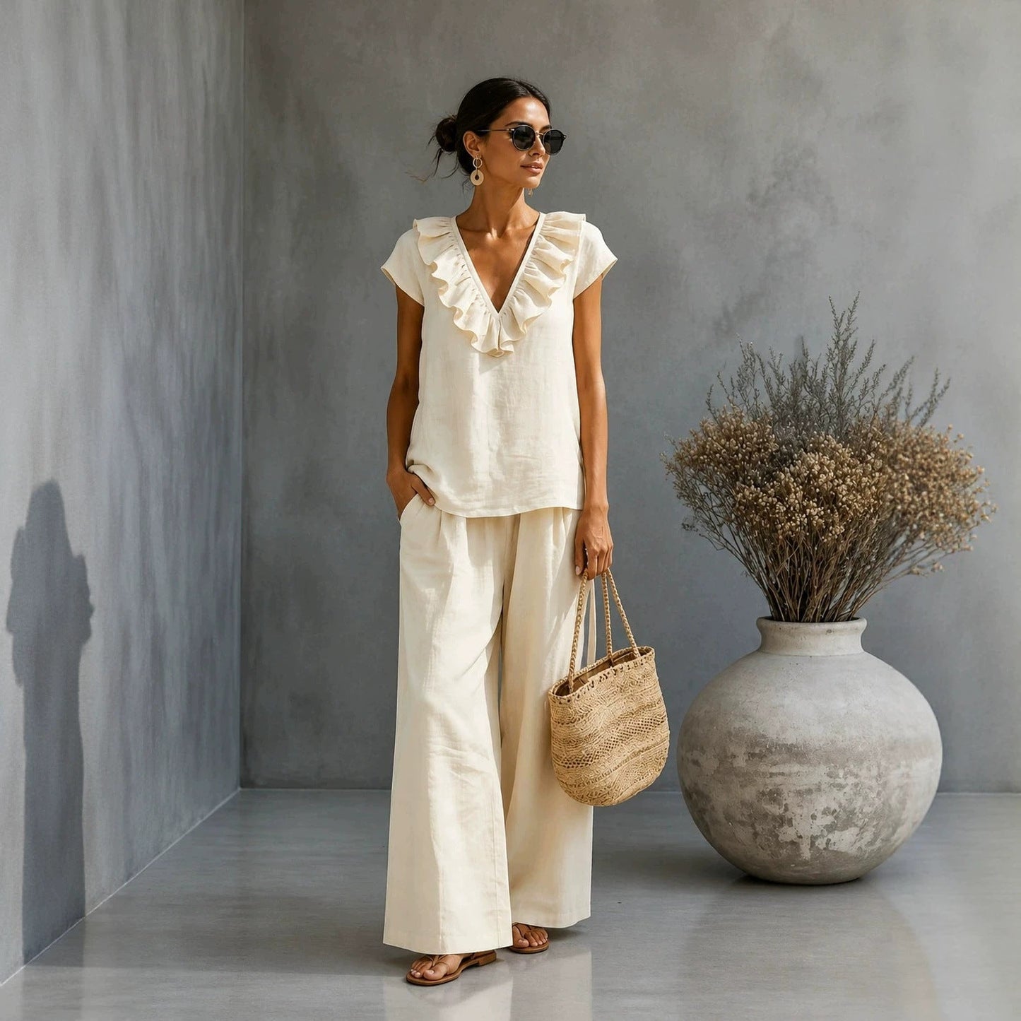 Women's V-neck Ruffled Hem Wide-leg Pants Set 