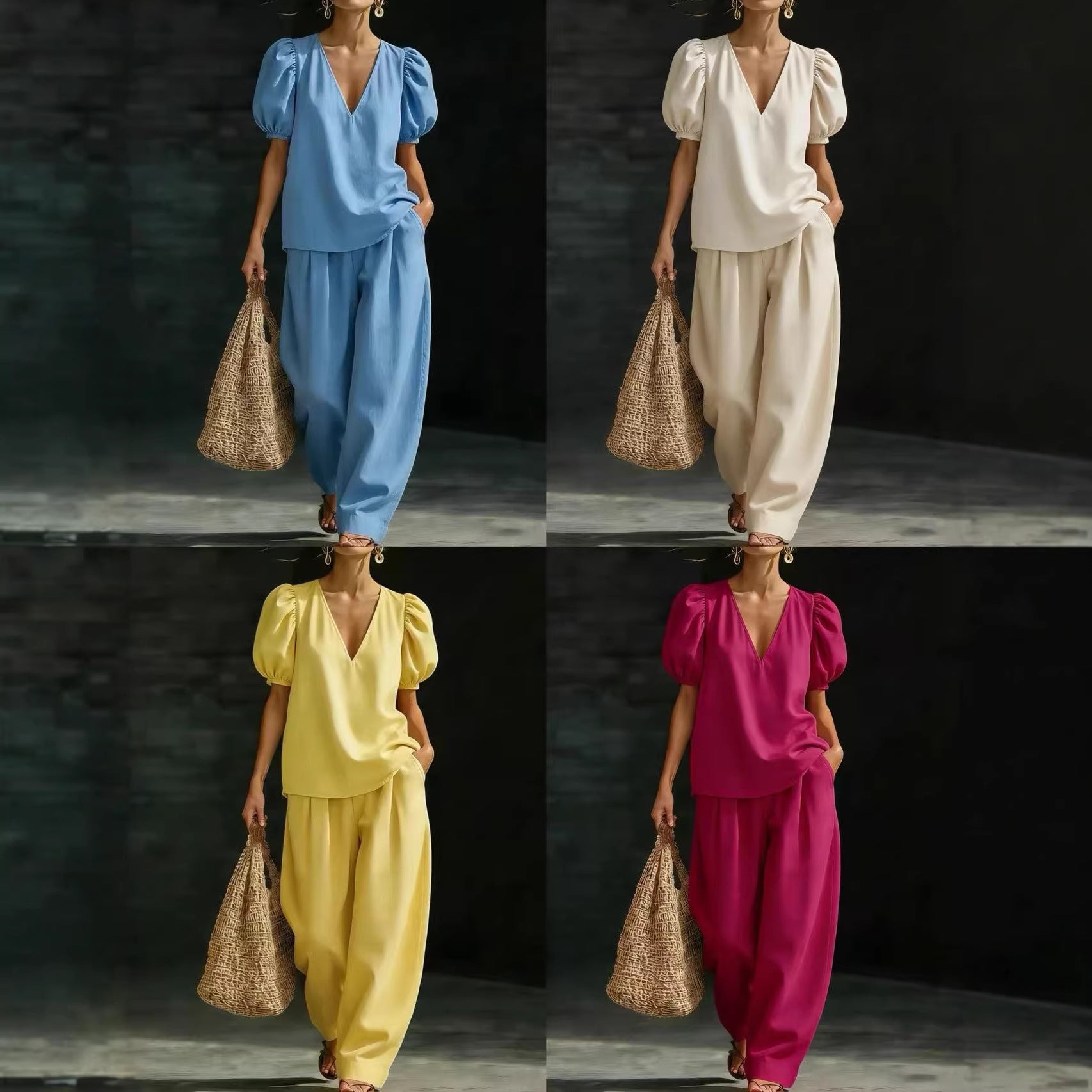 V-Neck Short-Sleeve Fashionable Casual Womens Set 