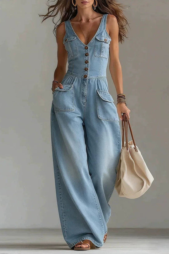 Washed Denim Straight Loose Sleeveless Strap Jumpsuit 