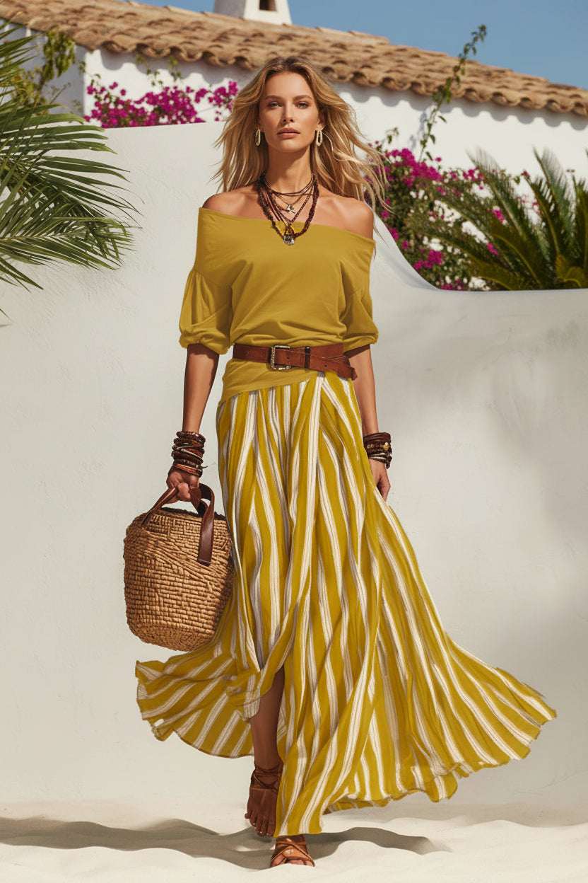Off-shoulder Top And Slit Skirt Womens Set 