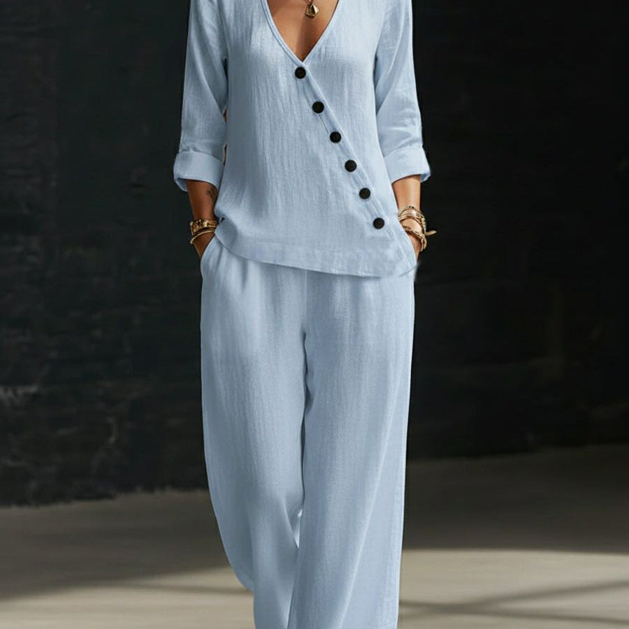 Loose-fitting V-neck Cross-over Shirt And Wide-leg Pants 