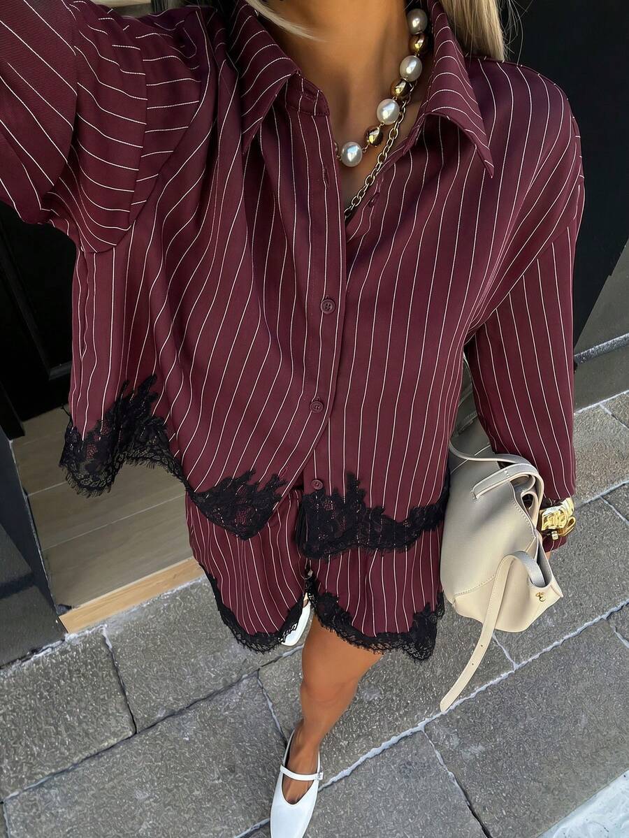 Women's striped shirt drawstring shorts set 