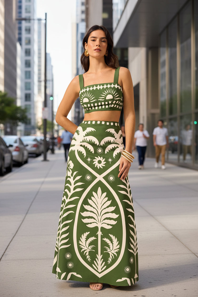 Womens Printed Camisole And High-waisted Straight Midi Skirt 