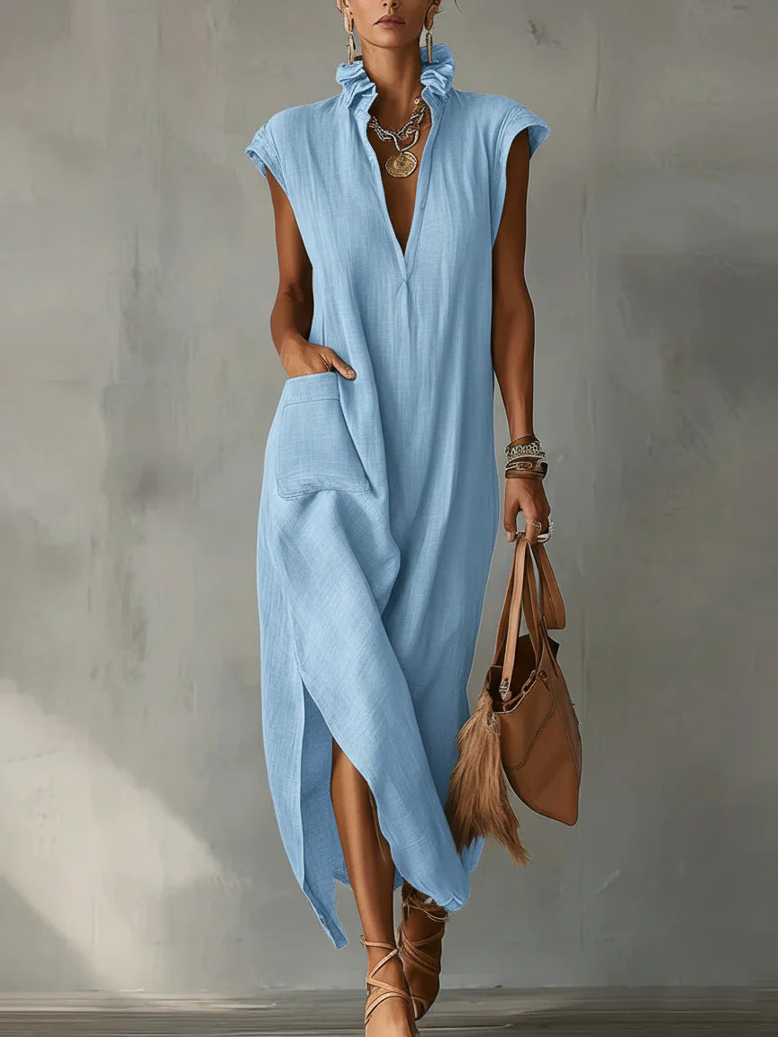 Women's Cotton-Linen Sleeveless Solid-Color Dress 