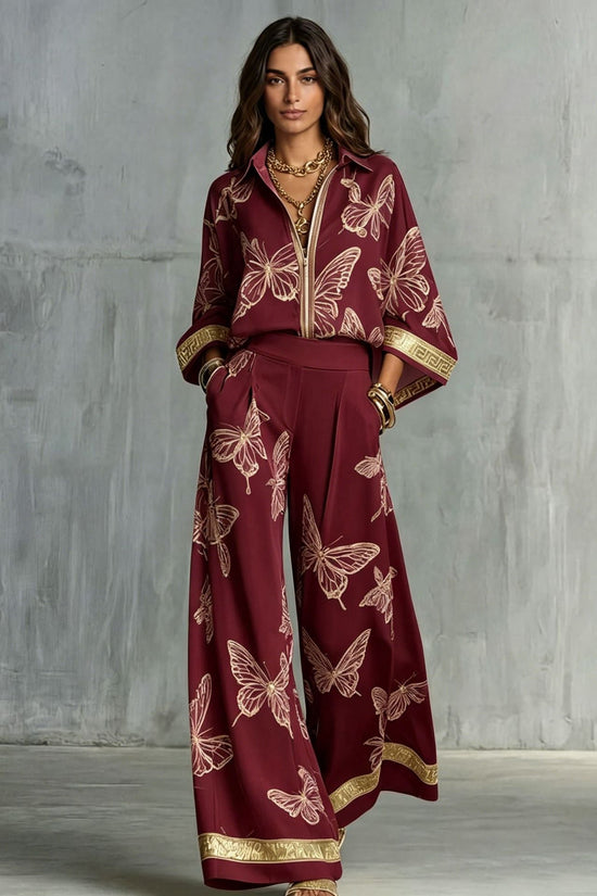 Style Women's Retro Printed Sexy Deep V Neck Loose Zipper Top with Wide Leg Pants Two-Piece Set 