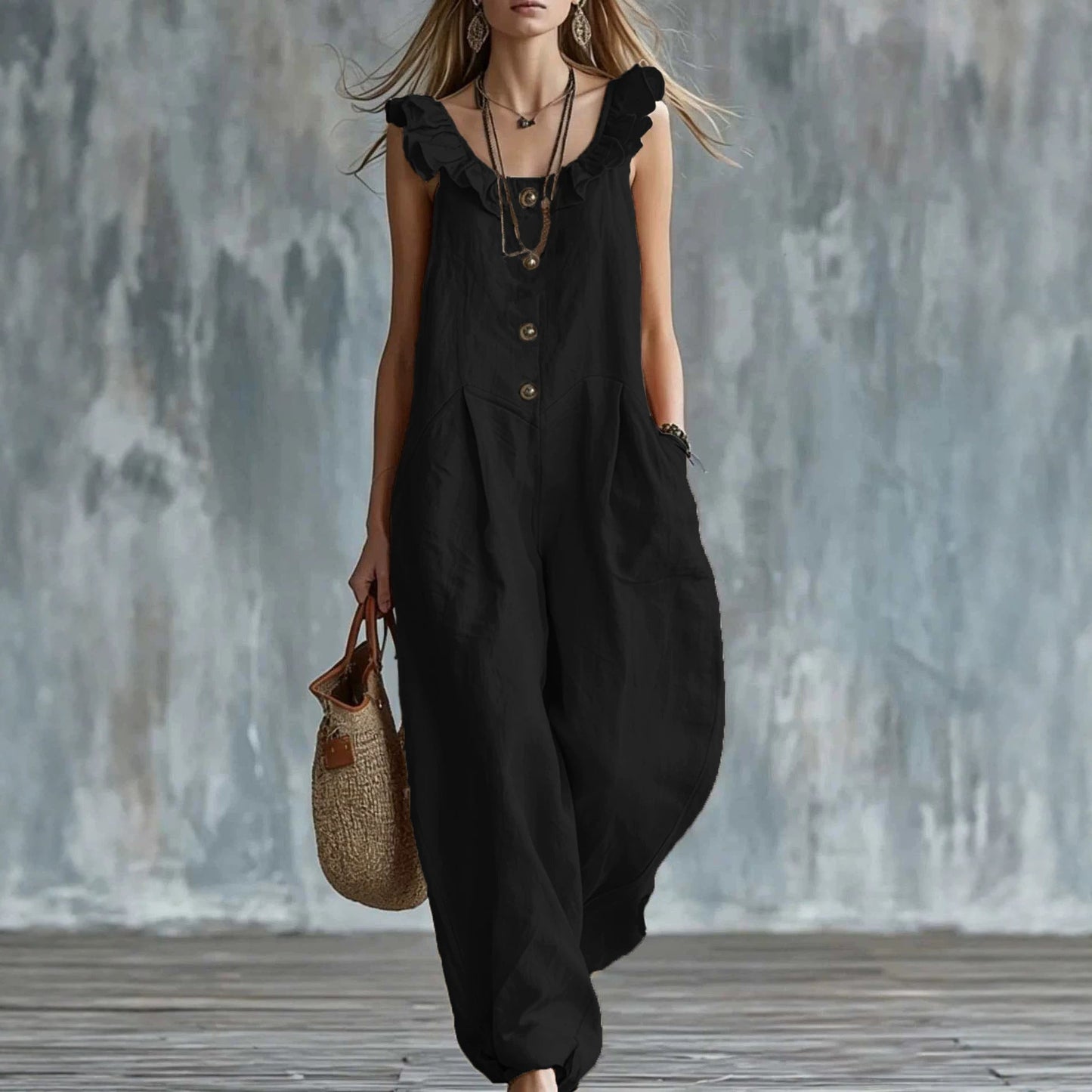 Womens Solid-Colored Sleeveless Button-Down Jumpsuit 